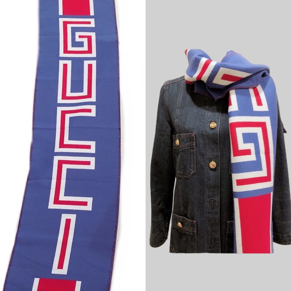 GUCCI Royal Blue Wool Silk Scarf wz Logo Stripe